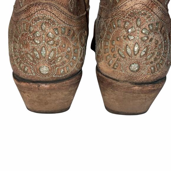 Corral Brown Leather Turquoise Glitter Inlay & Stitching Boots Snip Toe A3352 7M - Picture 10 of 16